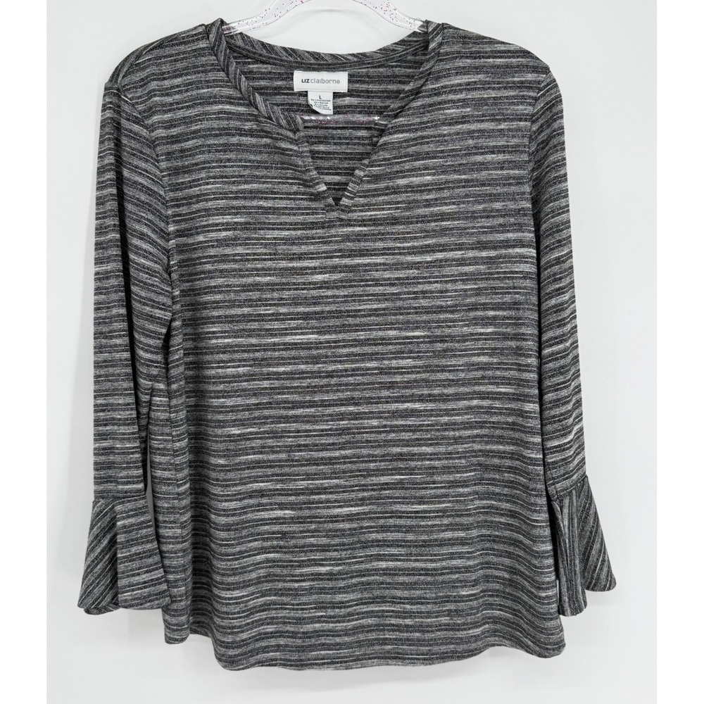 Liz Claiborne Womens Grey Metallic Space Dye Bell Sleeve Split Neck Top Sz L